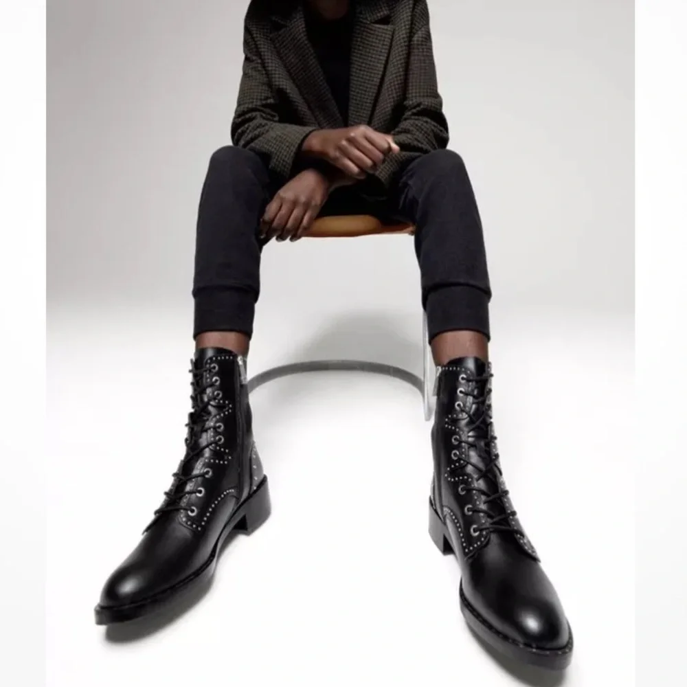 Zara Black Leather Lace Up Biker Chelsea Studded Punk Goth Ankle Boots Size 37 - Picture 15 of 15